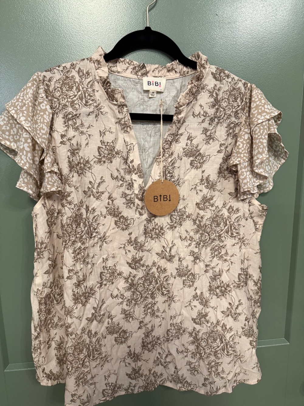 BiBi Beige Floral Ruffle-Sleeve V-Neck Blouse